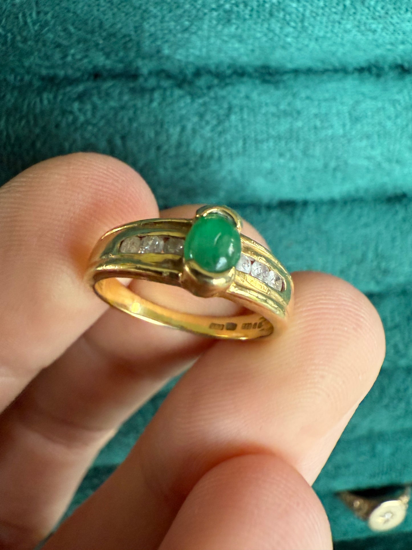 18ct gold cabochon emerald and diamond ring