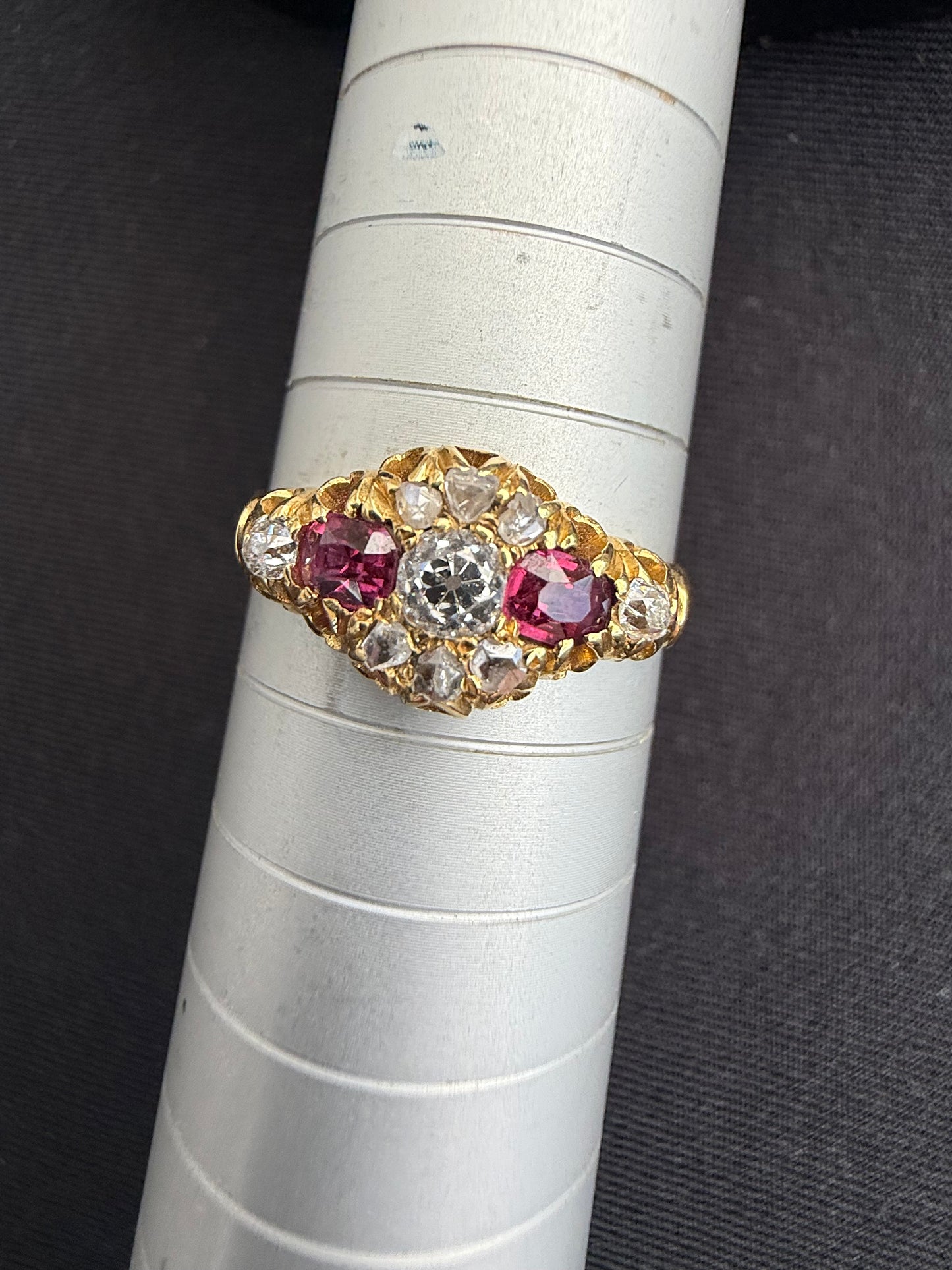 18ct gold antique ruby and old cut diamond boat ring