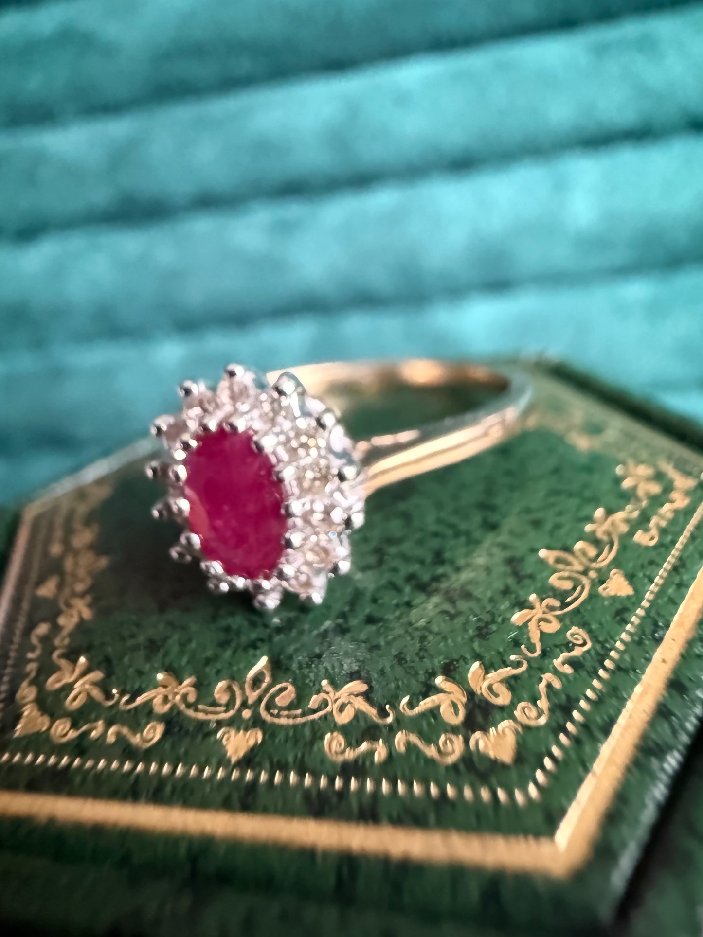 9ct gold ruby and diamond halo ring