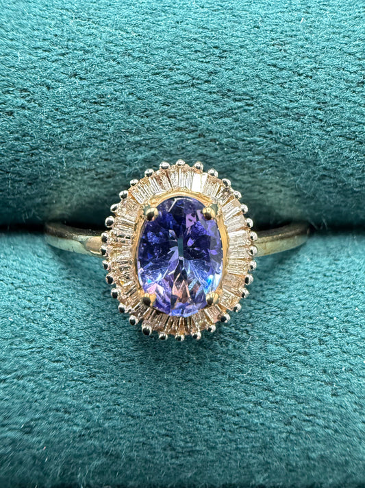 9ct gold tanzanite and baguette cut diamond ring