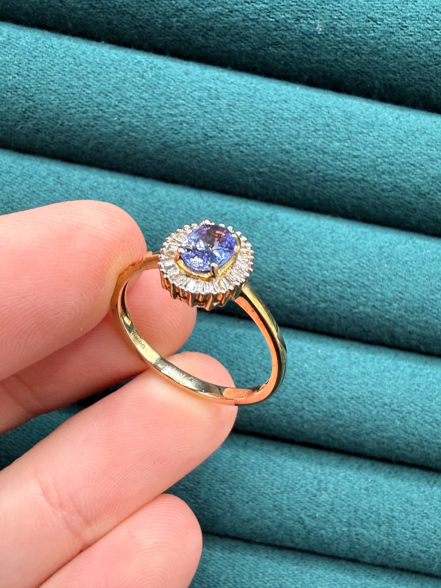 9ct gold tanzanite and baguette cut diamond ring
