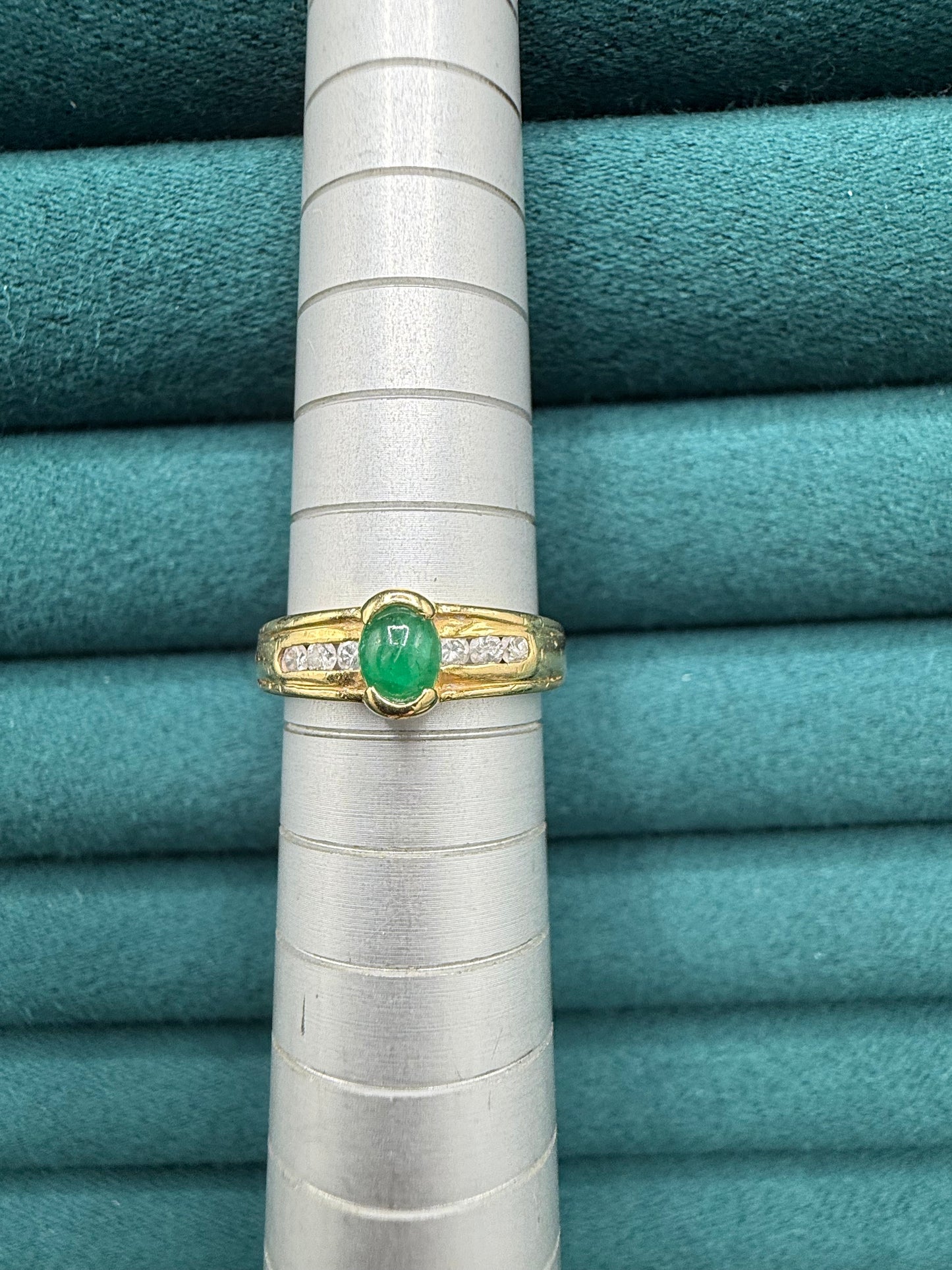 18ct gold cabochon emerald and diamond ring