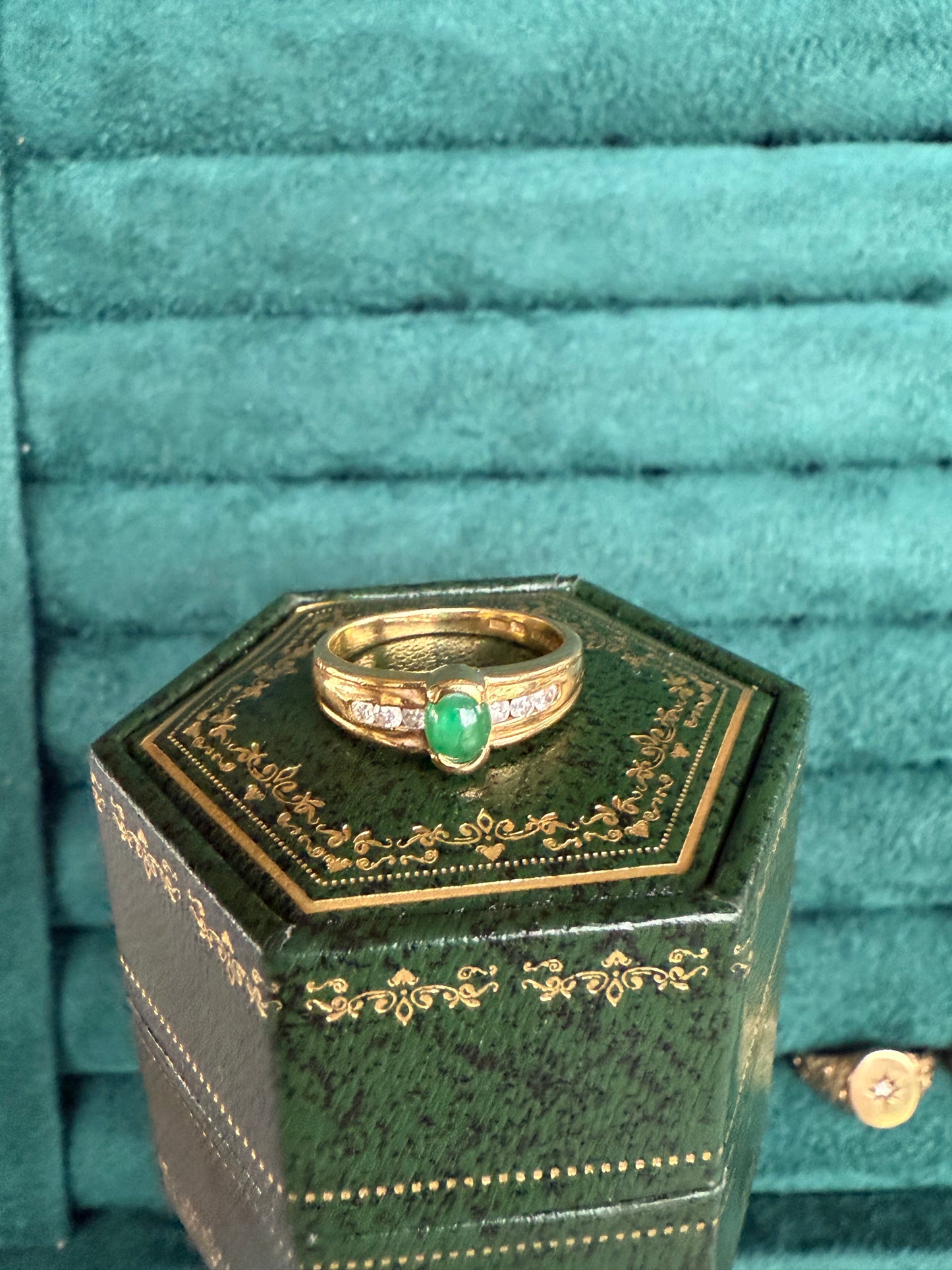 18ct gold cabochon emerald and diamond ring