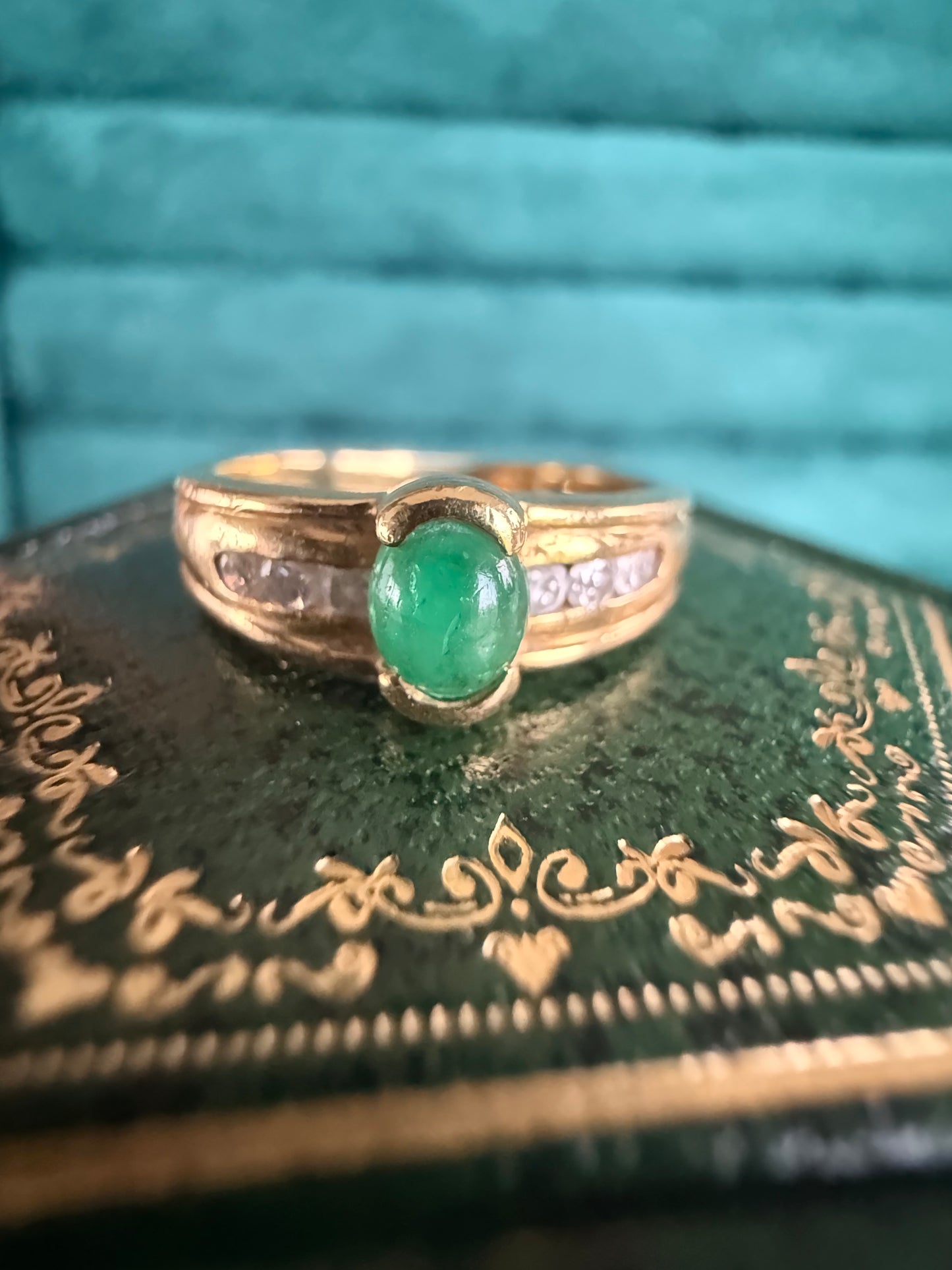 18ct gold cabochon emerald and diamond ring