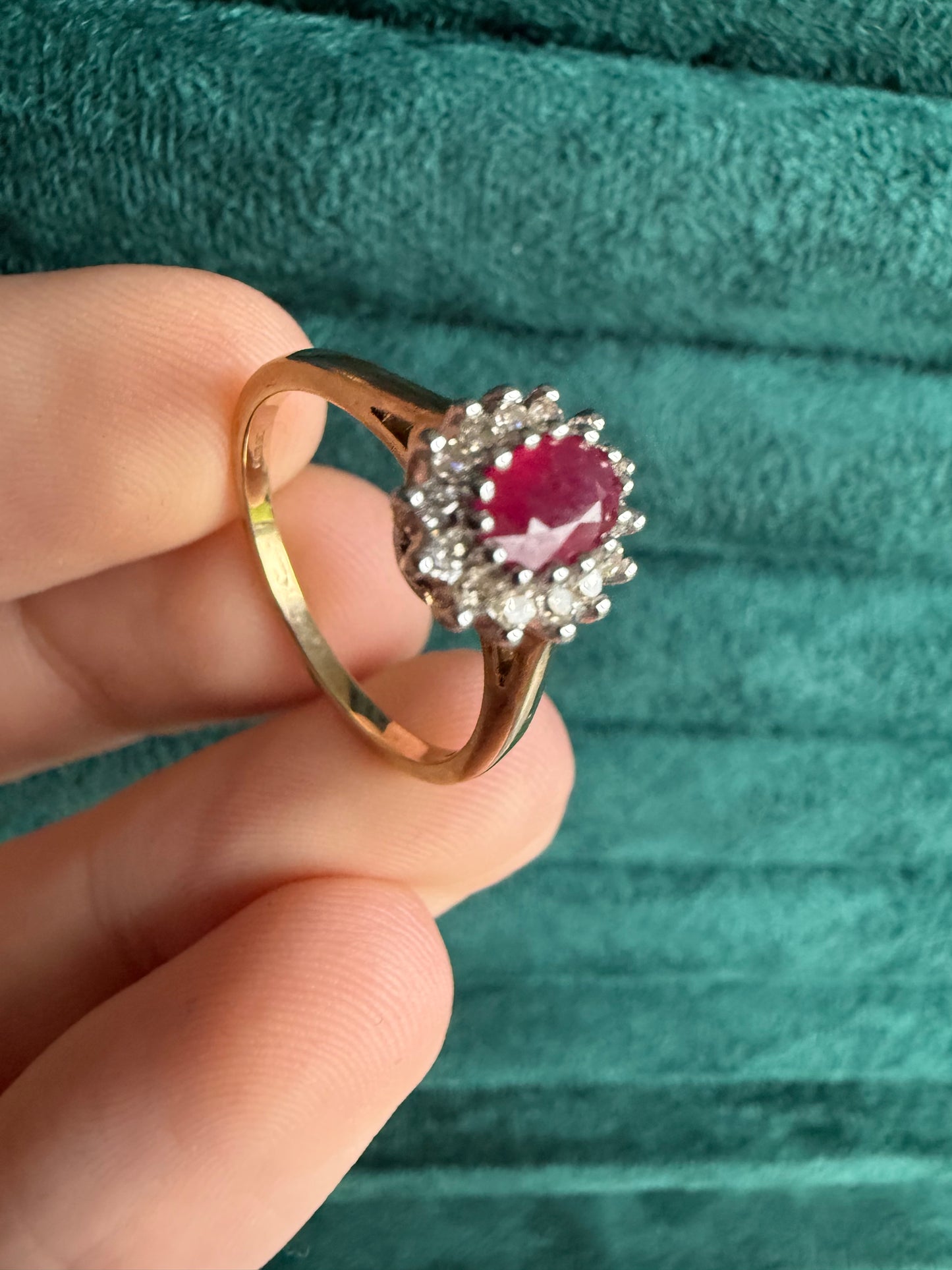 9ct gold ruby and diamond halo ring