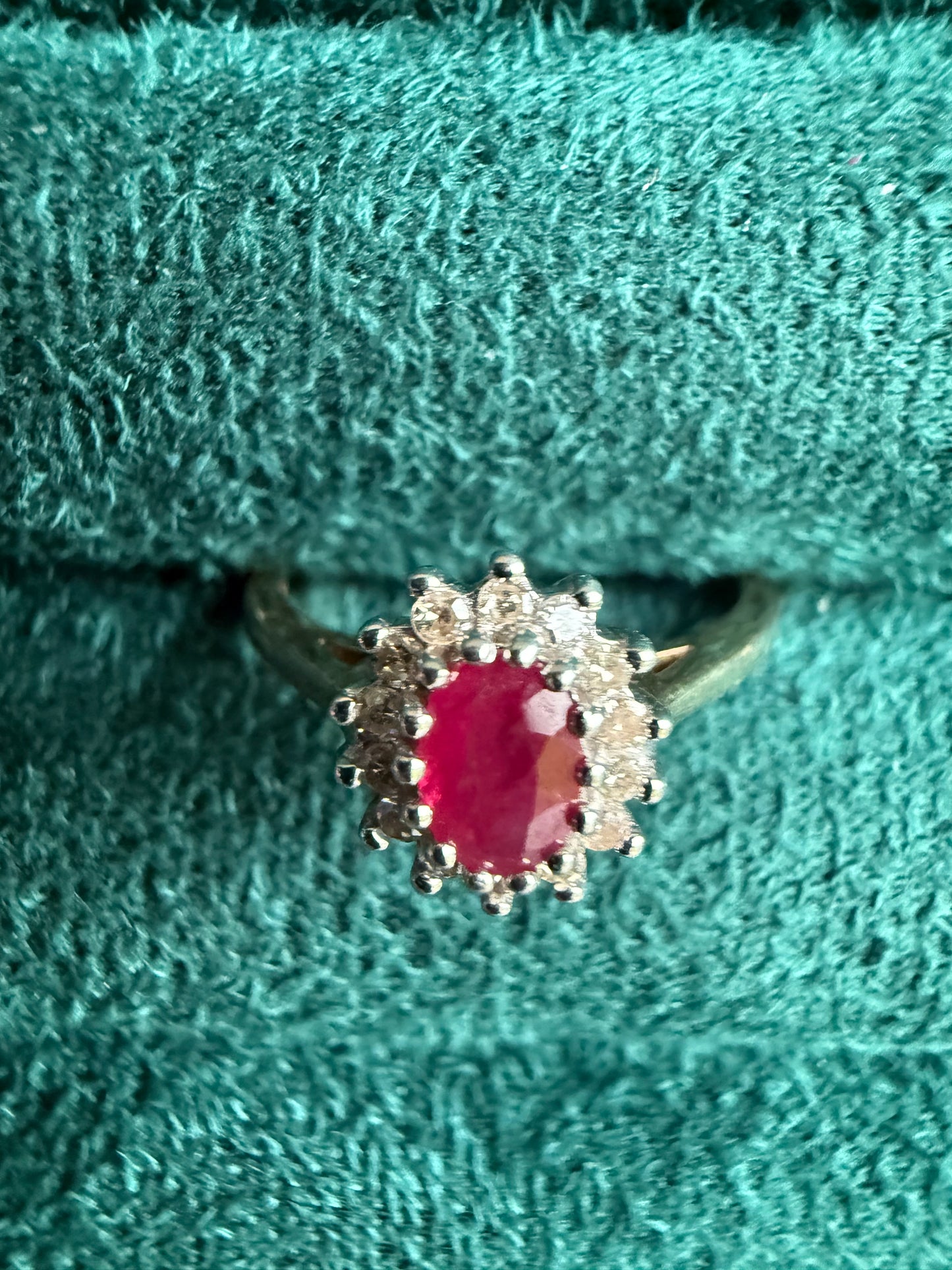 9ct gold ruby and diamond halo ring