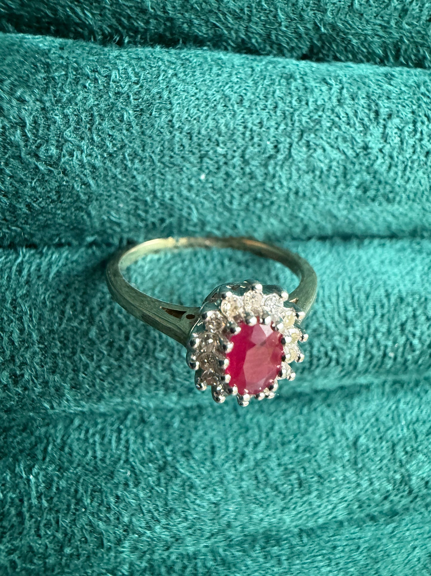 9ct gold ruby and diamond halo ring